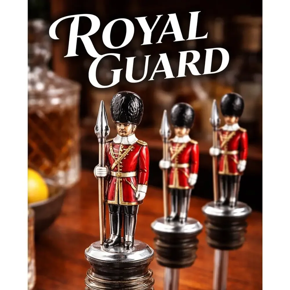 Vintage Royal Guard Beefeater Liquor Bottle Pourers Set of 3 Chrome Enamel